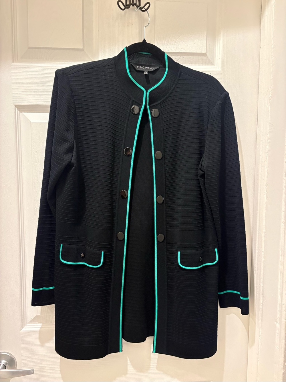 Ming Wang Black Travel Knit Jacket Teal Trim Long Cardigan quiet luxury M NWOT - Picture 3 of 9